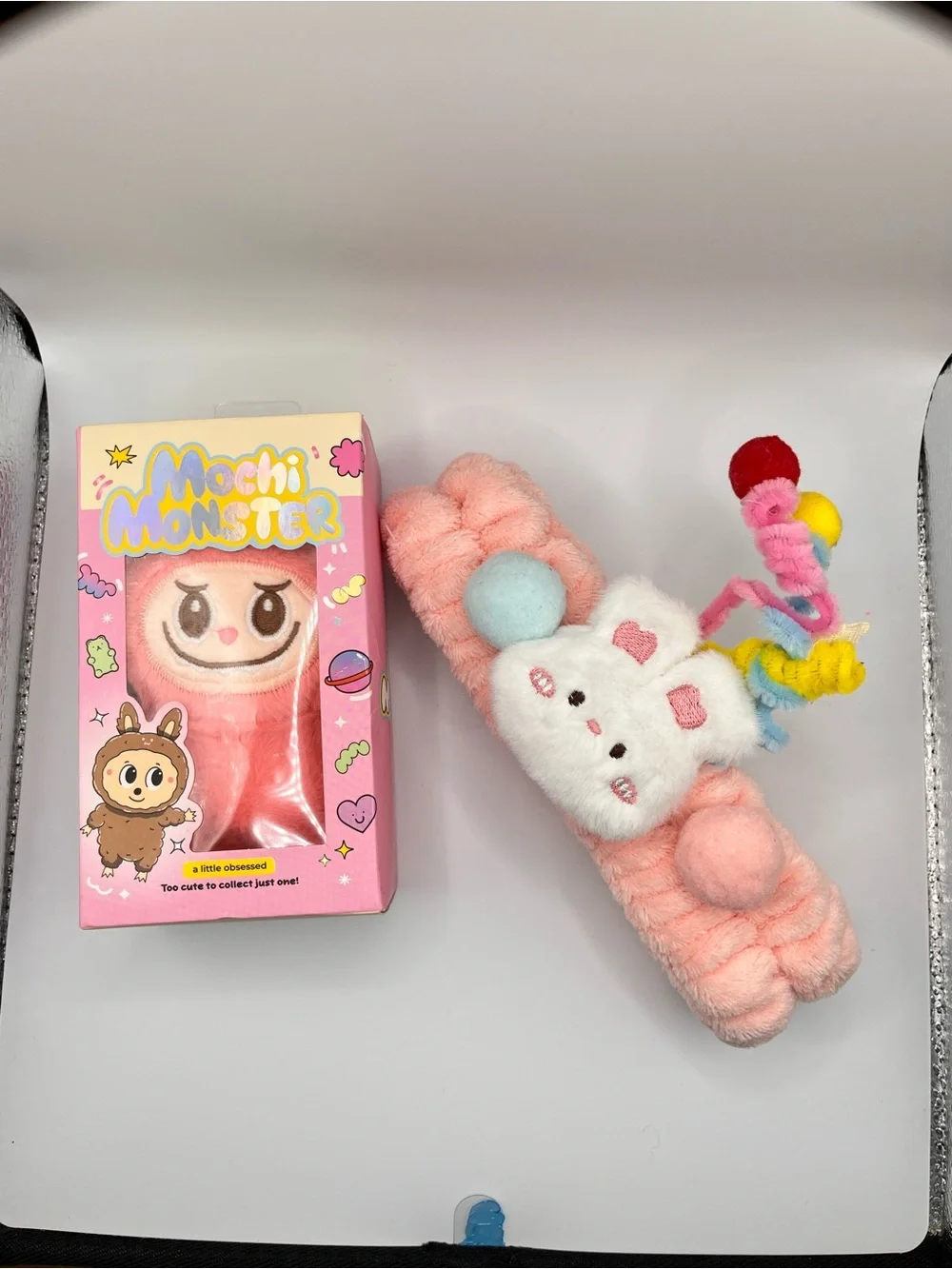 BUNDLE Pink Plush Mochi Monster and  Headband with Cute Bunny